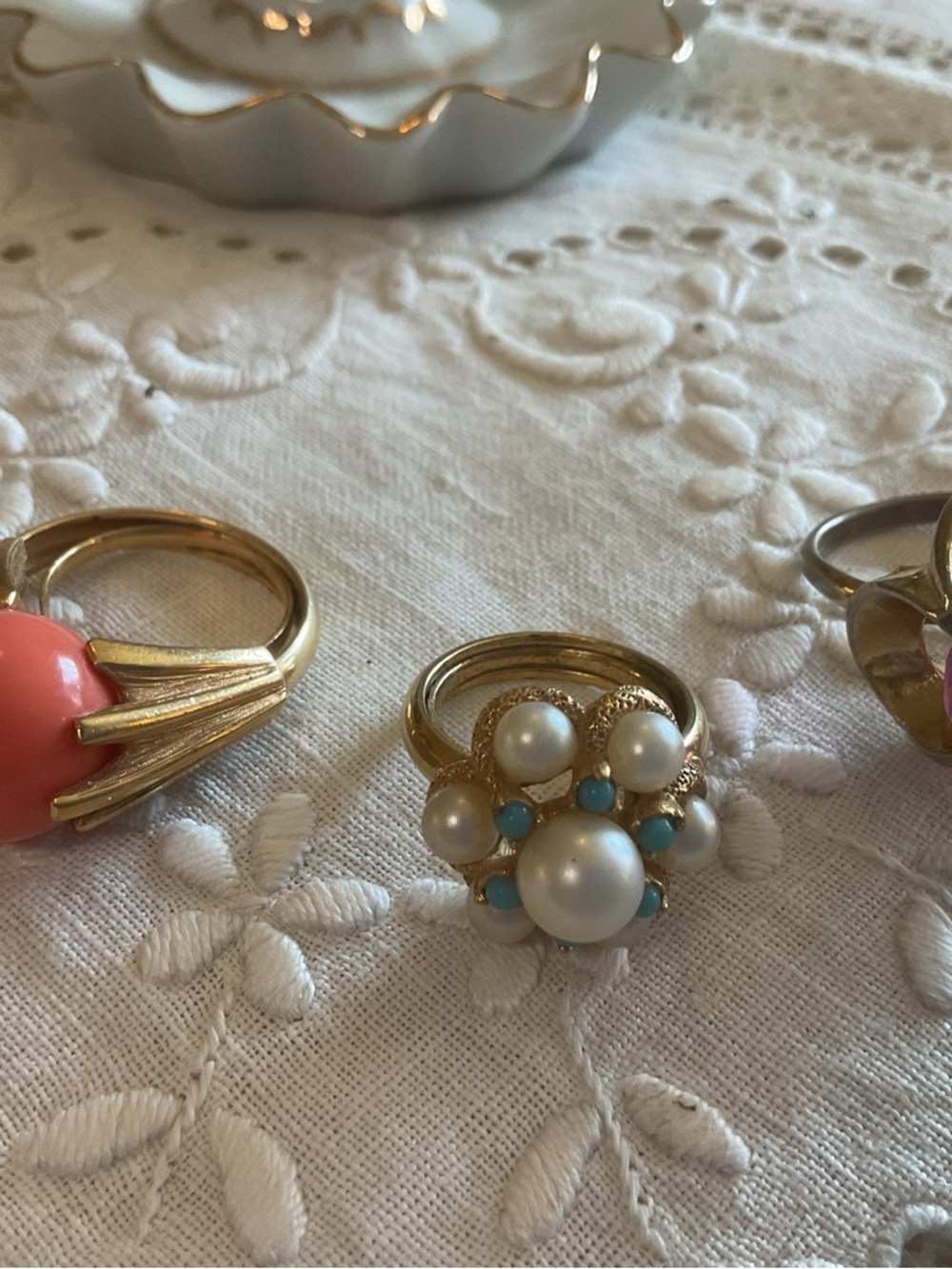 Gold Tone CORAL RING & Pearl Turquoise Cluster Ring Women's Statement Band Sizer